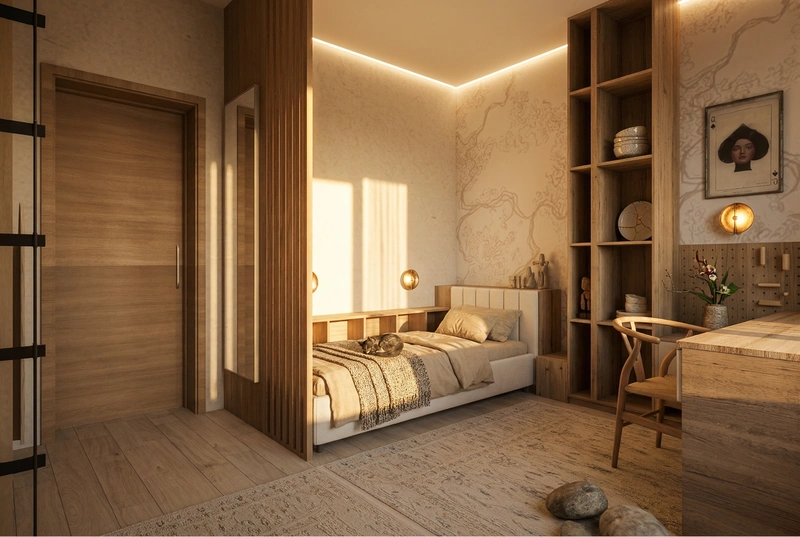 Дизайн спальни в стиле Japandi — фото интерьера от нейросети RoomGPT