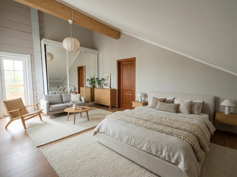 Дизайн спальни в стиле Сканди — фото интерьера от нейросети RoomGPT