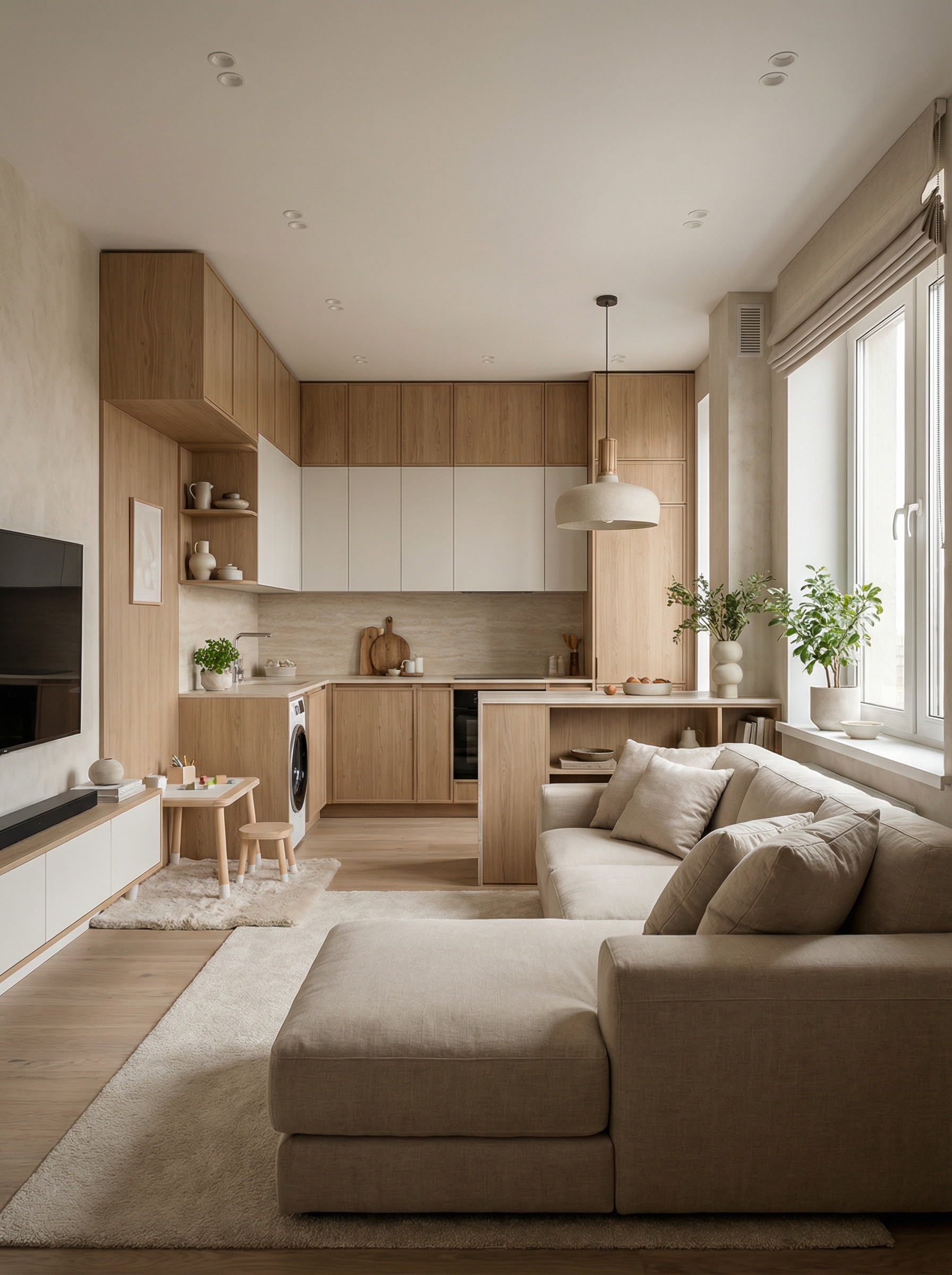 Дизайн гостиной в стиле Japandi — фото интерьера от нейросети RoomGPT