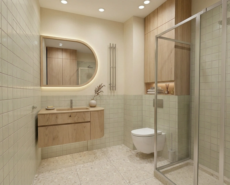 Дизайн ванной в стиле Japandi — фото интерьера от нейросети RoomGPT