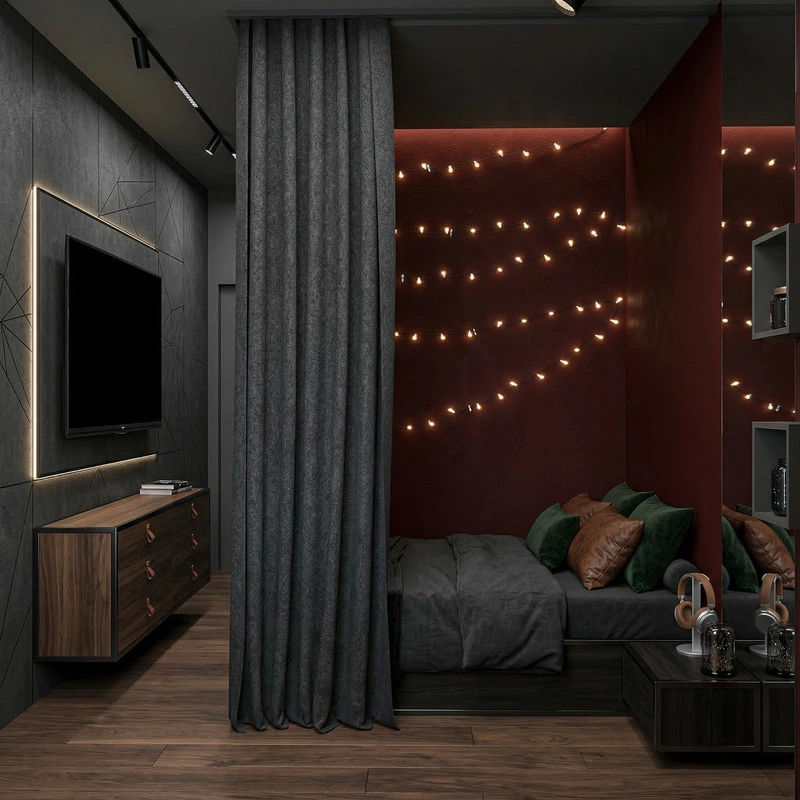 Дизайн спальни в стиле Блэктэк — фото интерьера от нейросети RoomGPT