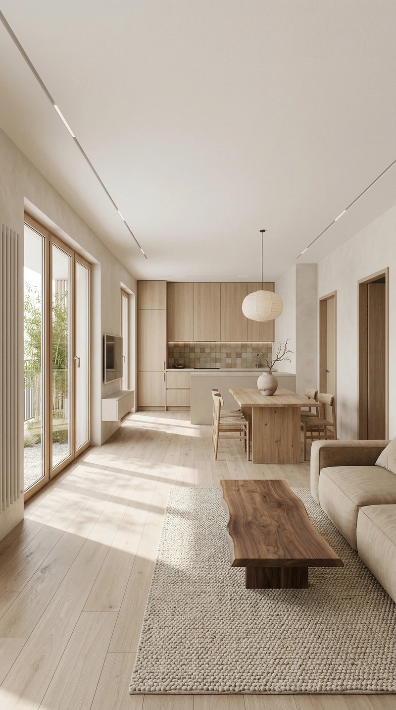 Дизайн гостиной в стиле Japandi — фото интерьера от нейросети RoomGPT