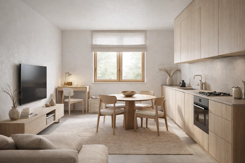 Дизайн кухни в стиле Japandi — фото интерьера от нейросети RoomGPT