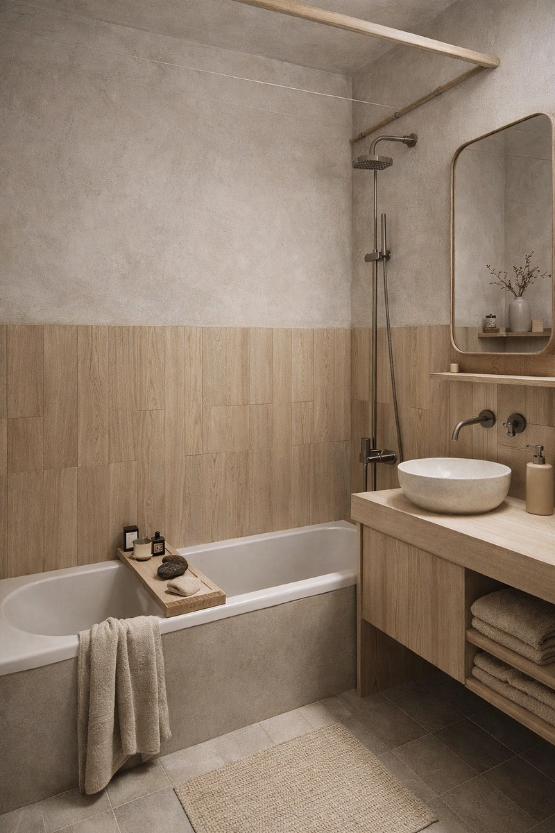 Дизайн ванной в стиле Japandi — фото интерьера от нейросети RoomGPT