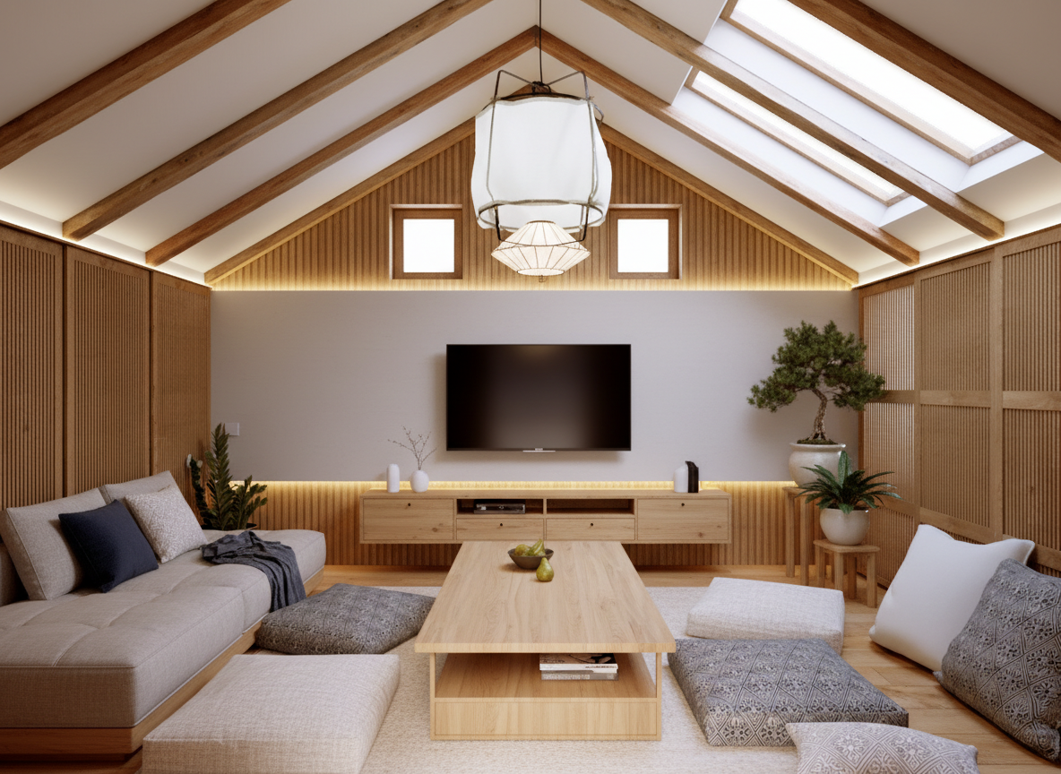 Дизайн гостиной в стиле Japandi — фото интерьера от нейросети RoomGPT