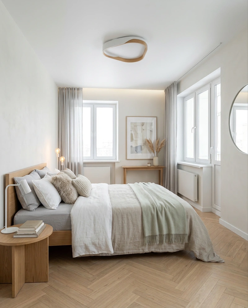 Дизайн спальни в стиле Сканди — фото интерьера от нейросети RoomGPT