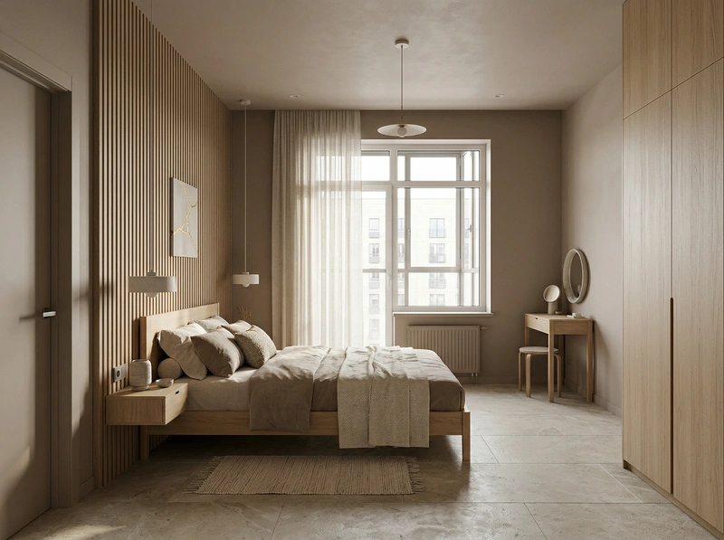 Дизайн спальни в стиле Japandi — фото интерьера от нейросети RoomGPT