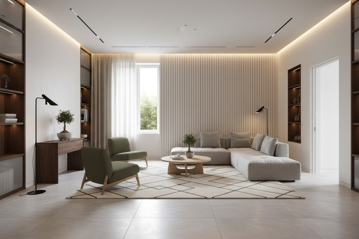 Дизайн гостиной в стиле Japandi — фото интерьера от нейросети RoomGPT