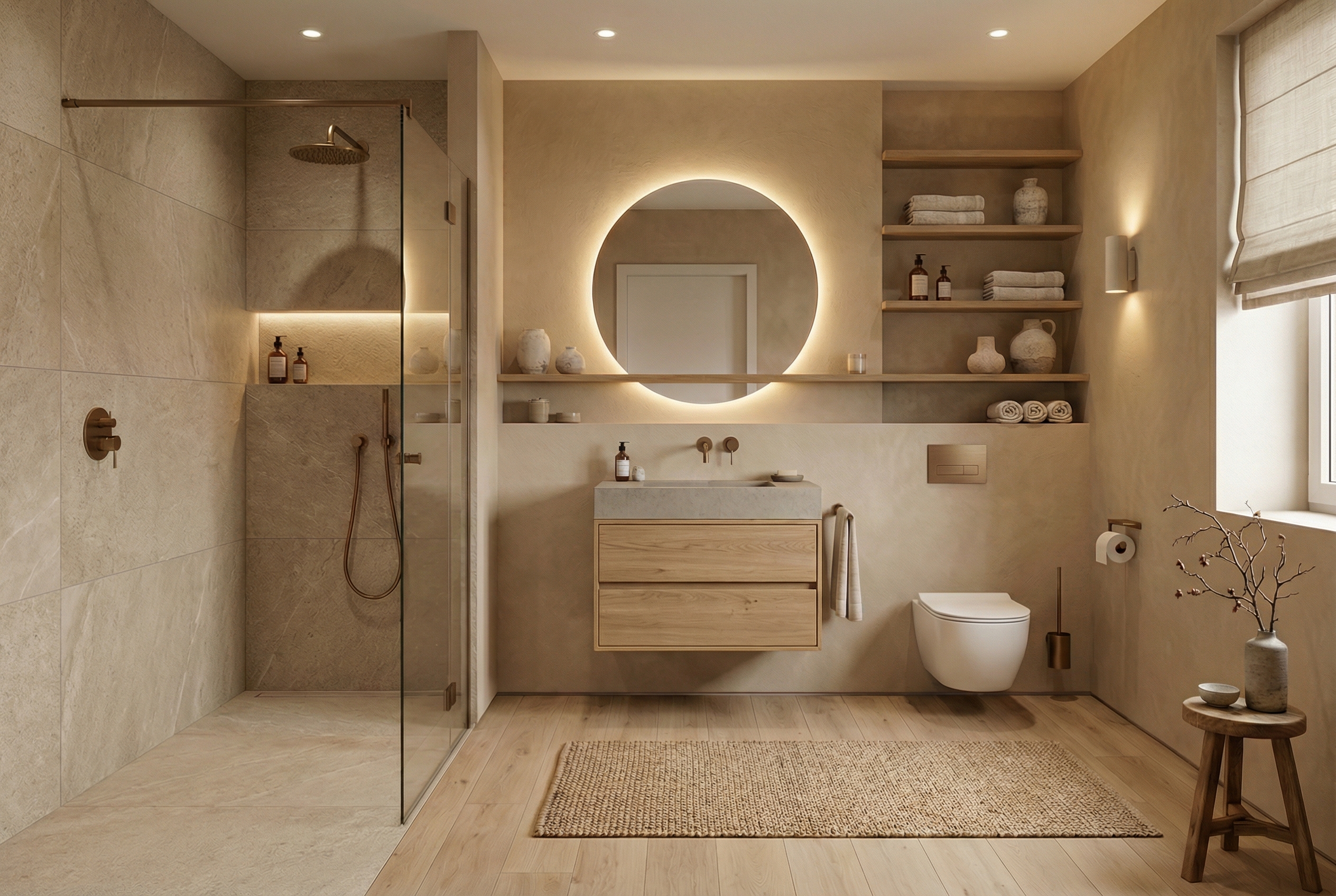 Дизайн ванной в стиле Japandi — фото интерьера от нейросети RoomGPT