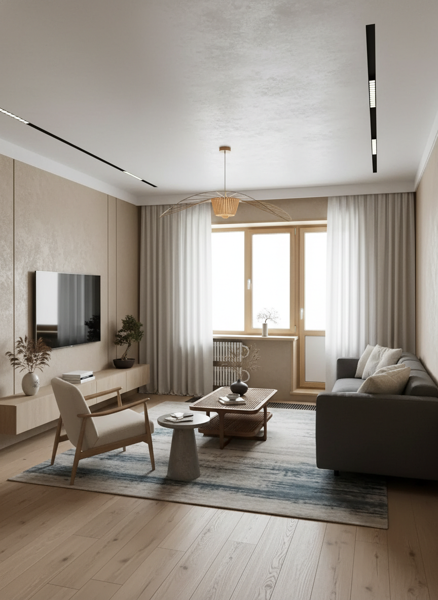 Дизайн гостиной в стиле Japandi — фото интерьера от нейросети RoomGPT