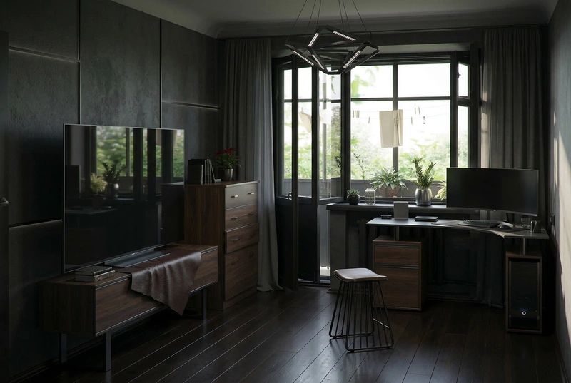 Дизайн гостиной в стиле Блэктэк — фото интерьера от нейросети RoomGPT