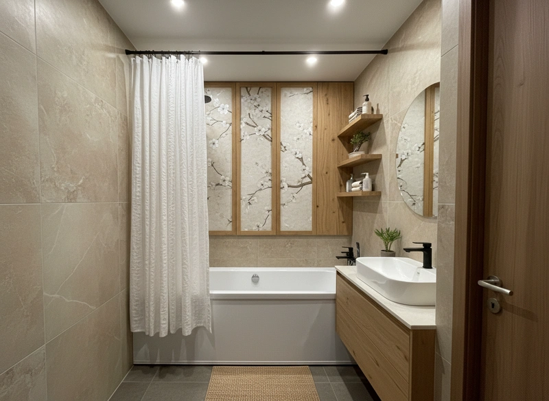 Дизайн ванной в стиле Japandi — фото интерьера от нейросети RoomGPT