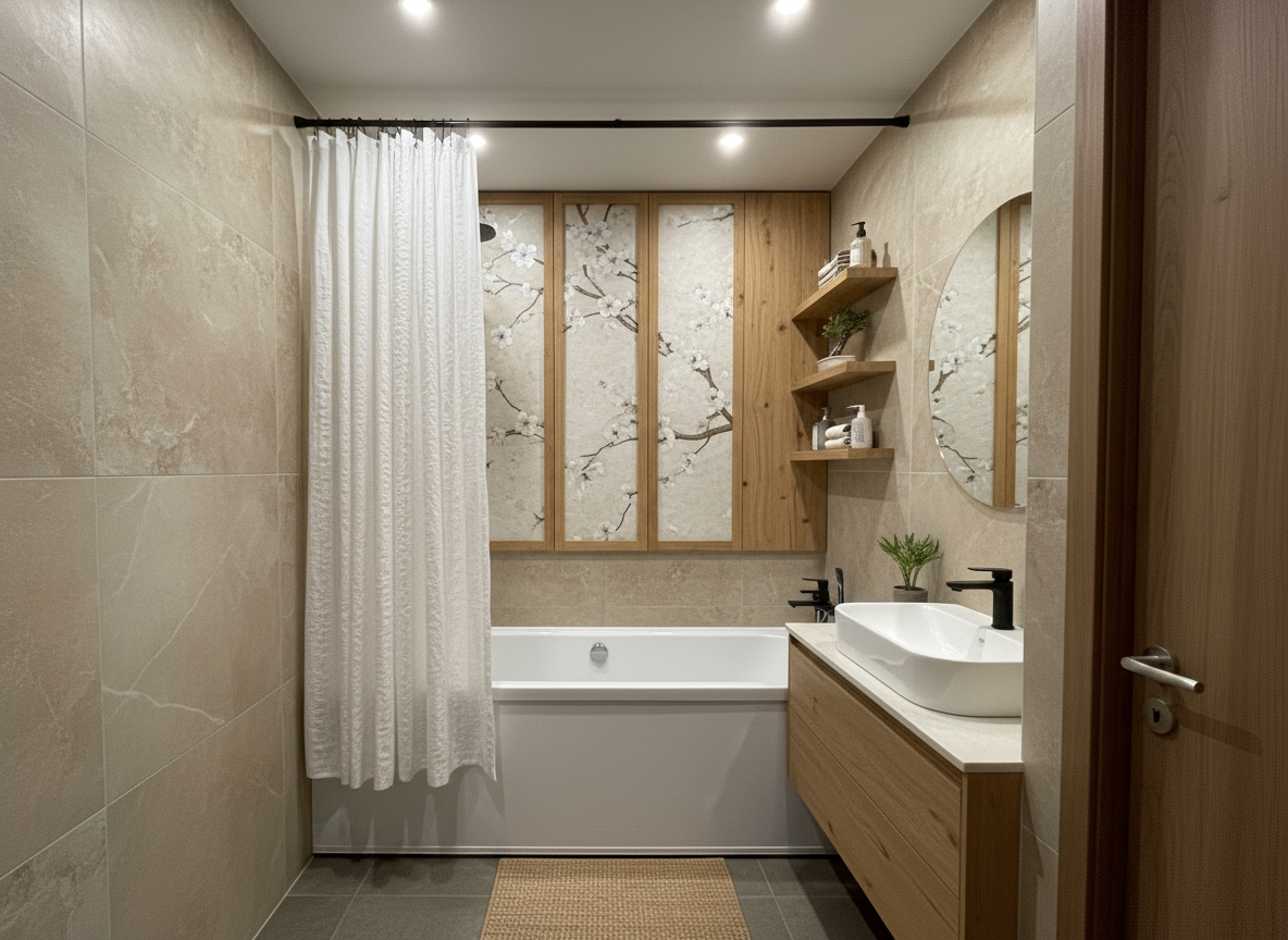 Дизайн ванной в стиле Japandi — фото интерьера от нейросети RoomGPT