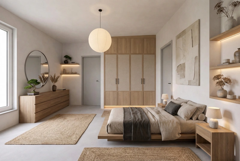 Дизайн спальни в стиле Japandi — фото интерьера от нейросети RoomGPT
