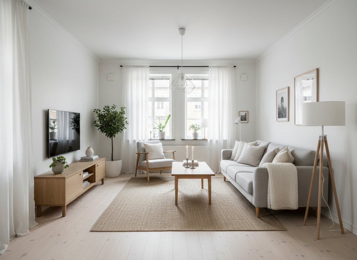 Дизайн гостиной в стиле Хюгге — фото интерьера от нейросети RoomGPT