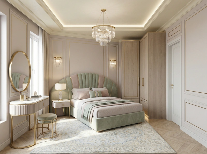 Дизайн спальни в стиле Неоклассика — фото интерьера от нейросети RoomGPT