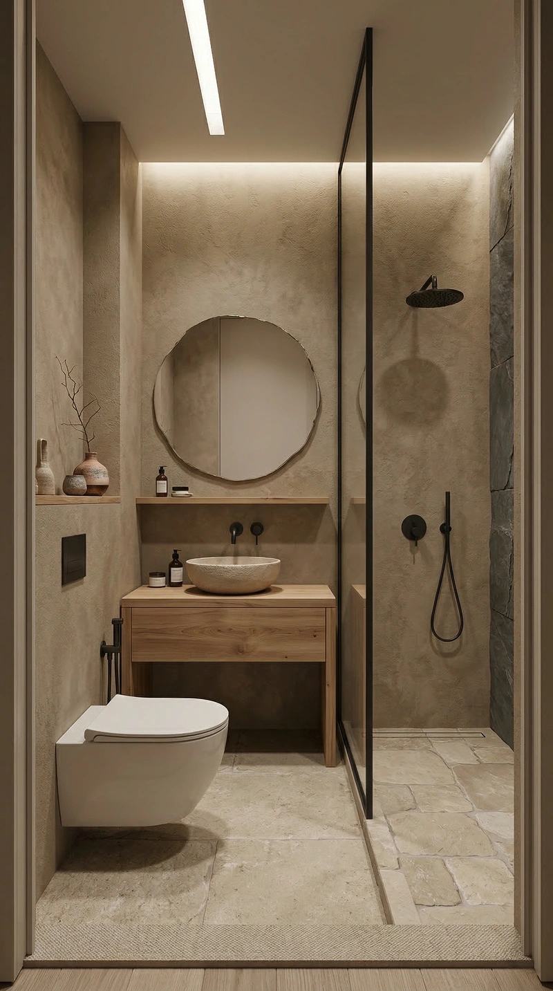 Дизайн ванной в стиле Japandi — фото интерьера от нейросети RoomGPT