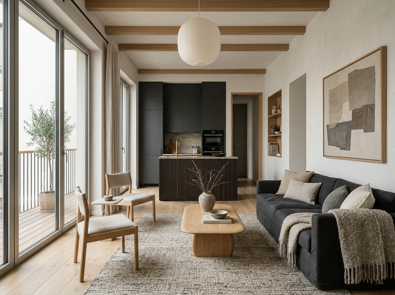 Дизайн гостиной в стиле Japandi — фото интерьера от нейросети RoomGPT