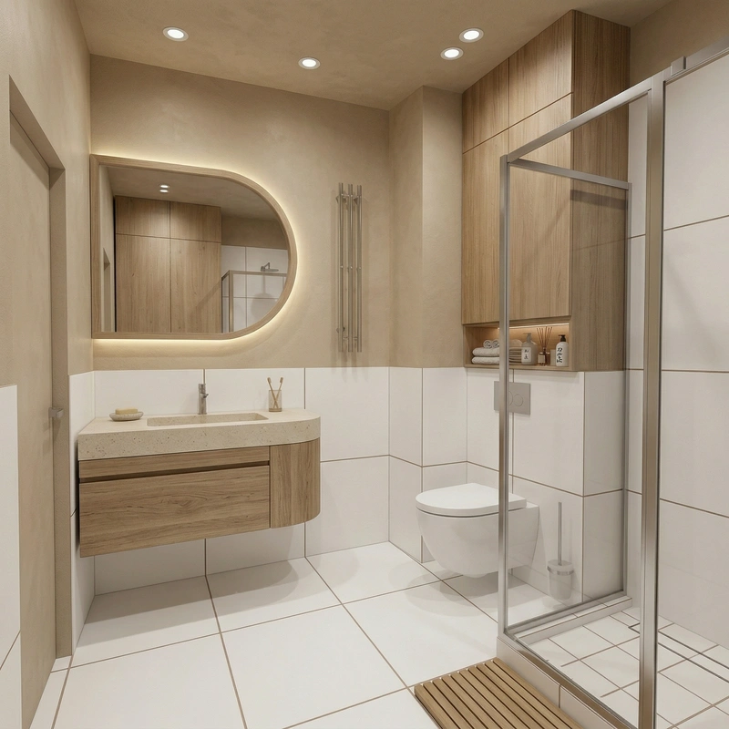 Дизайн ванной в стиле Japandi — фото интерьера от нейросети RoomGPT