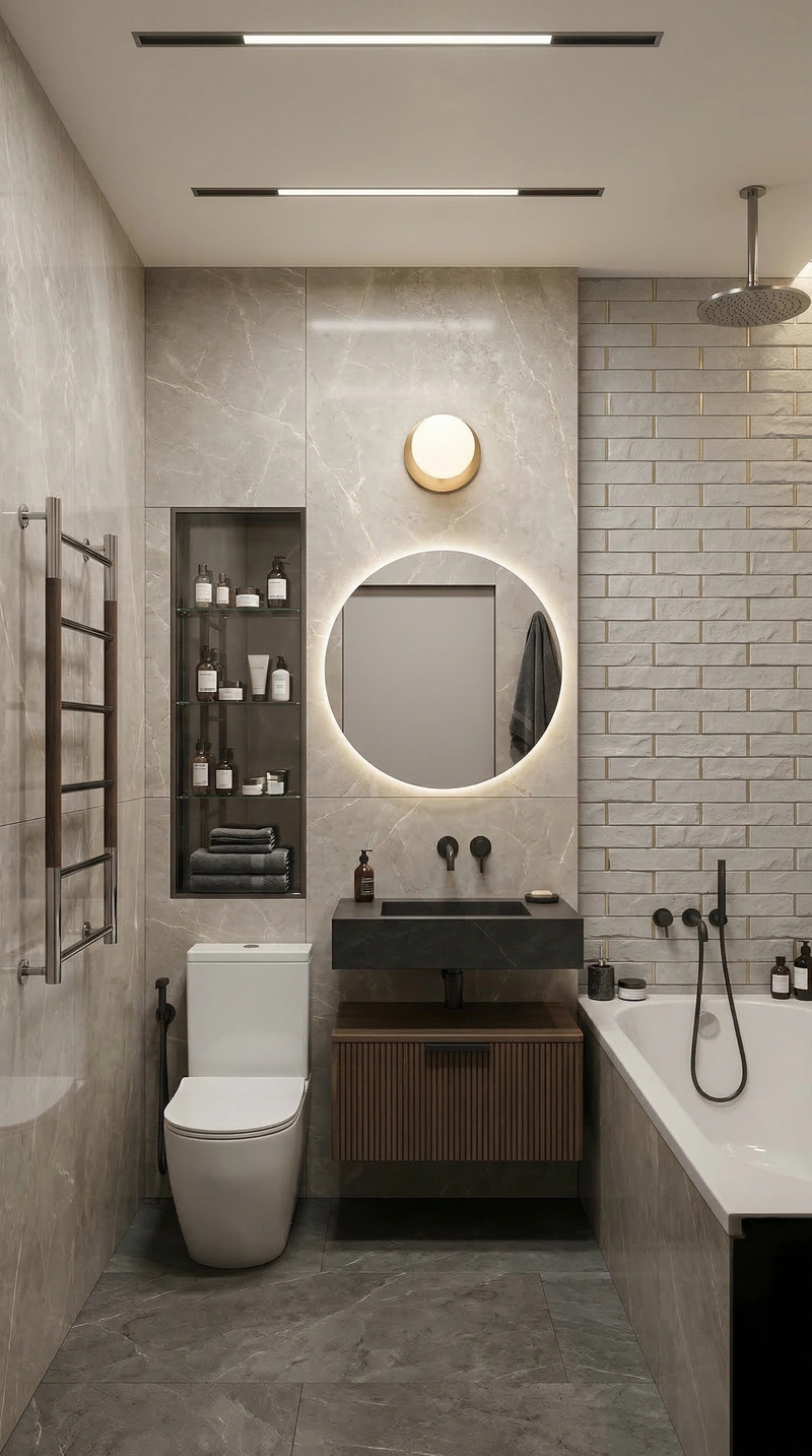 Дизайн ванной в стиле Контемпорари — фото интерьера от нейросети RoomGPT