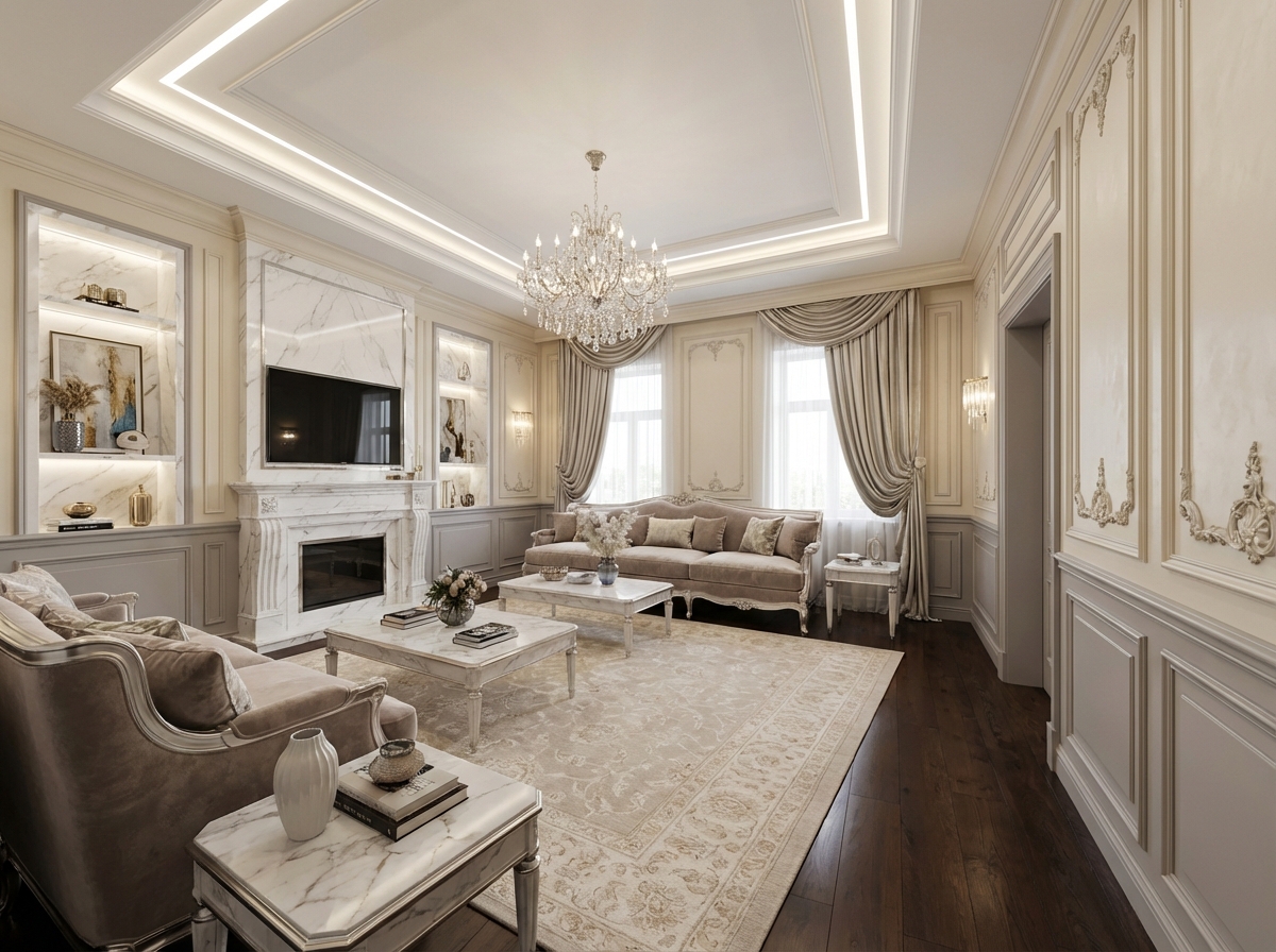 Дизайн гостиной в стиле Классика — фото интерьера от нейросети RoomGPT