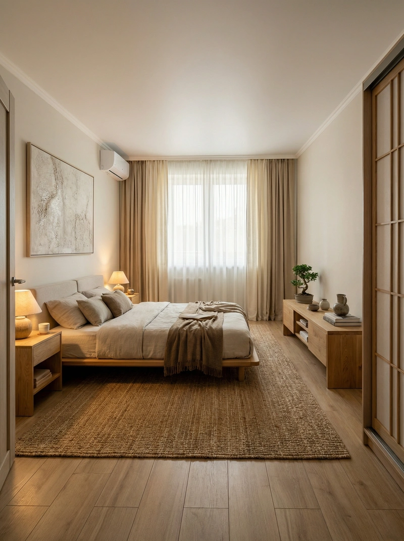 Дизайн спальни в стиле Japandi — фото интерьера от нейросети RoomGPT