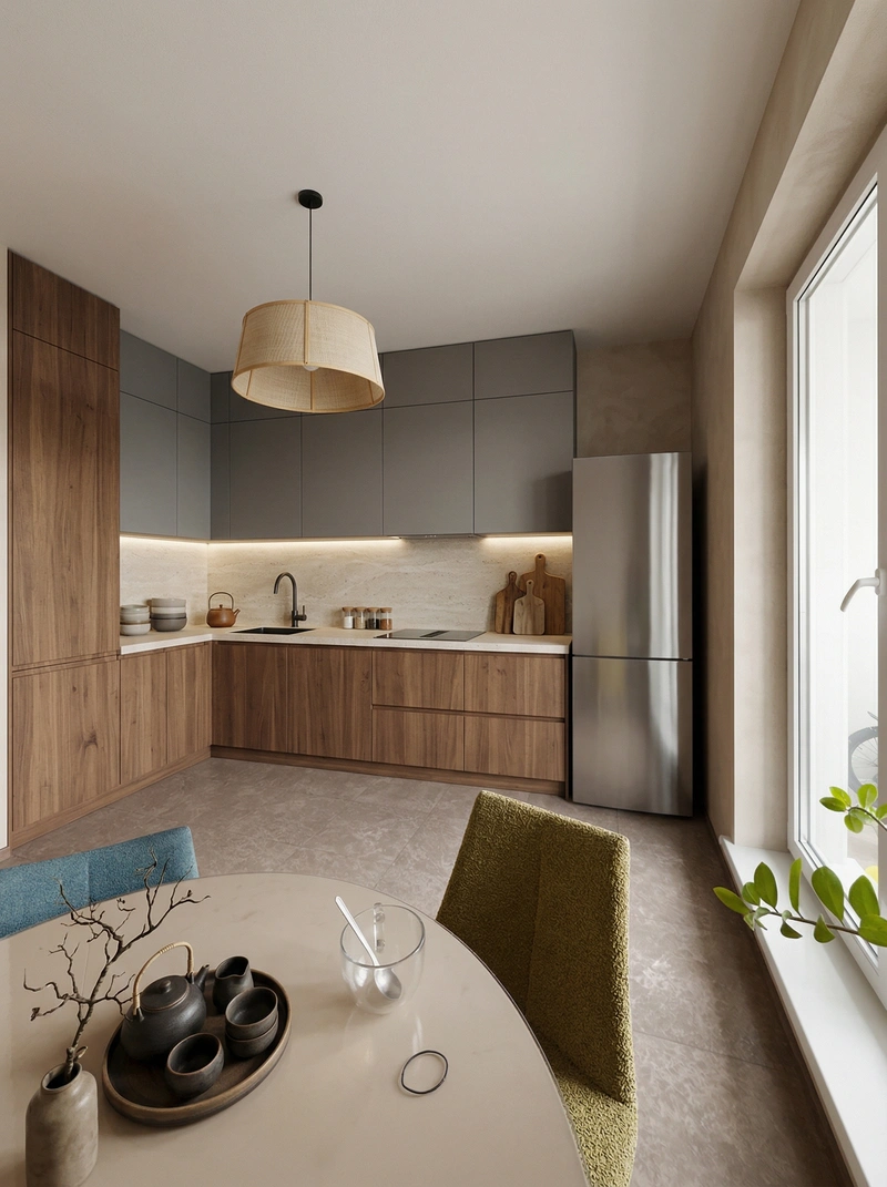 Дизайн кухни в стиле Japandi — фото интерьера от нейросети RoomGPT