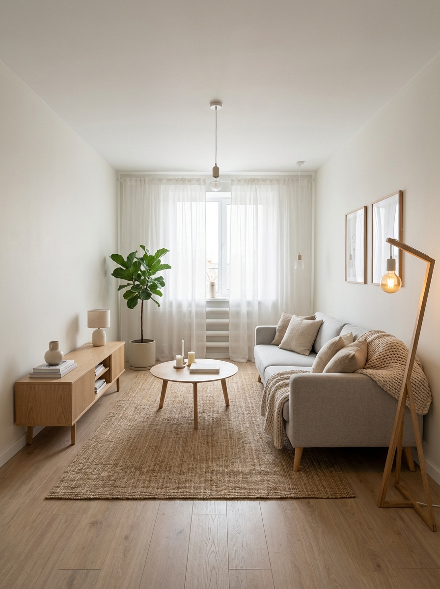 Дизайн гостиной в стиле Хюгге — фото интерьера от нейросети RoomGPT