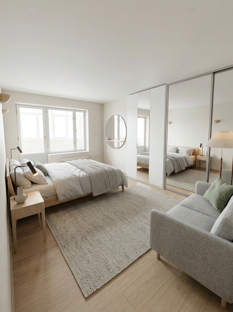 Дизайн спальни в стиле Сканди — фото интерьера от нейросети RoomGPT