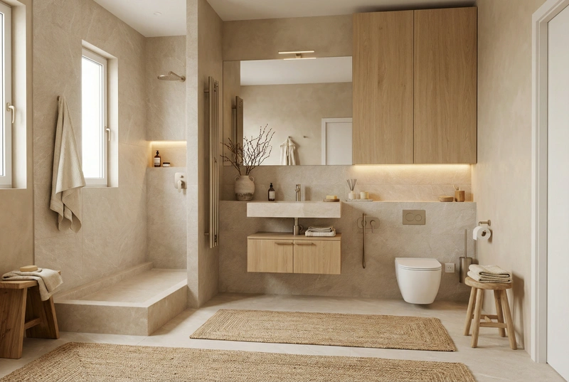 Дизайн ванной в стиле Japandi — фото интерьера от нейросети RoomGPT