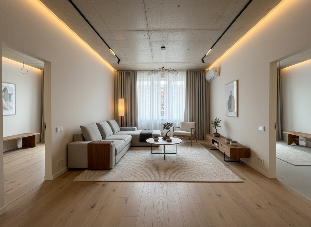 Дизайн гостиной в стиле Japandi — фото интерьера от нейросети RoomGPT