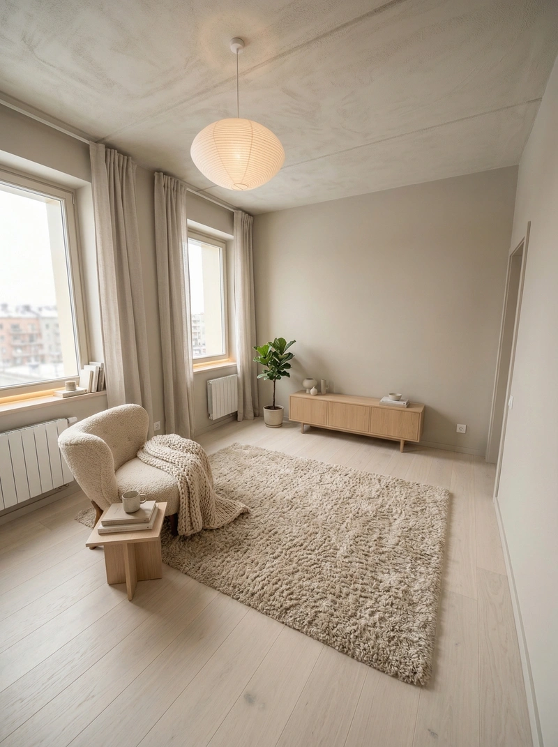 Дизайн гостиной в стиле Хюгге — фото интерьера от нейросети RoomGPT