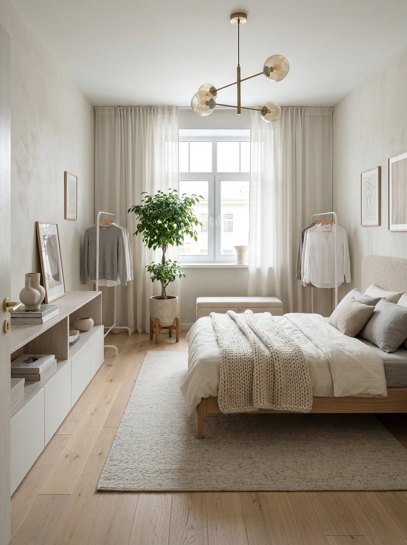 Дизайн спальни в стиле Сканди — фото интерьера от нейросети RoomGPT
