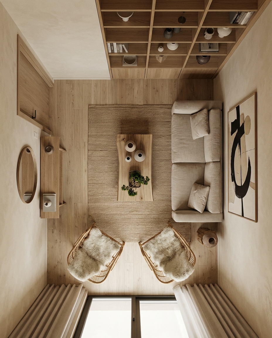 Дизайн гостиной в стиле Japandi — фото интерьера от нейросети RoomGPT