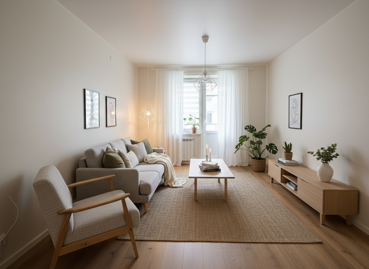 Дизайн гостиной в стиле Хюгге — фото интерьера от нейросети RoomGPT