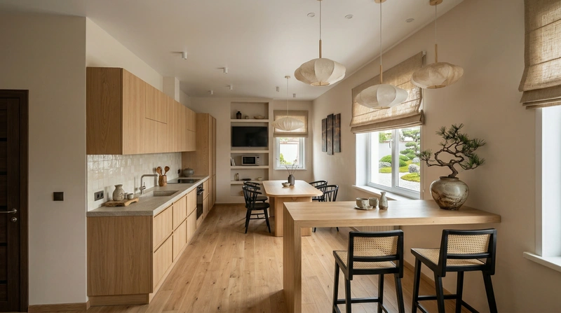 Дизайн гостиной в стиле Japandi — фото интерьера от нейросети RoomGPT