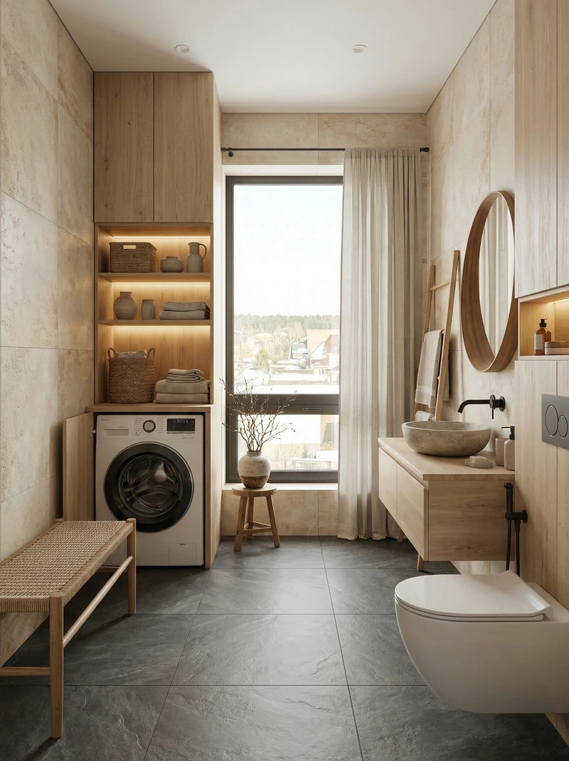 Дизайн ванной в стиле Japandi — фото интерьера от нейросети RoomGPT