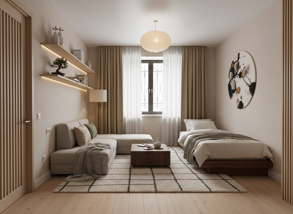 Дизайн гостиной в стиле Japandi — фото интерьера от нейросети RoomGPT