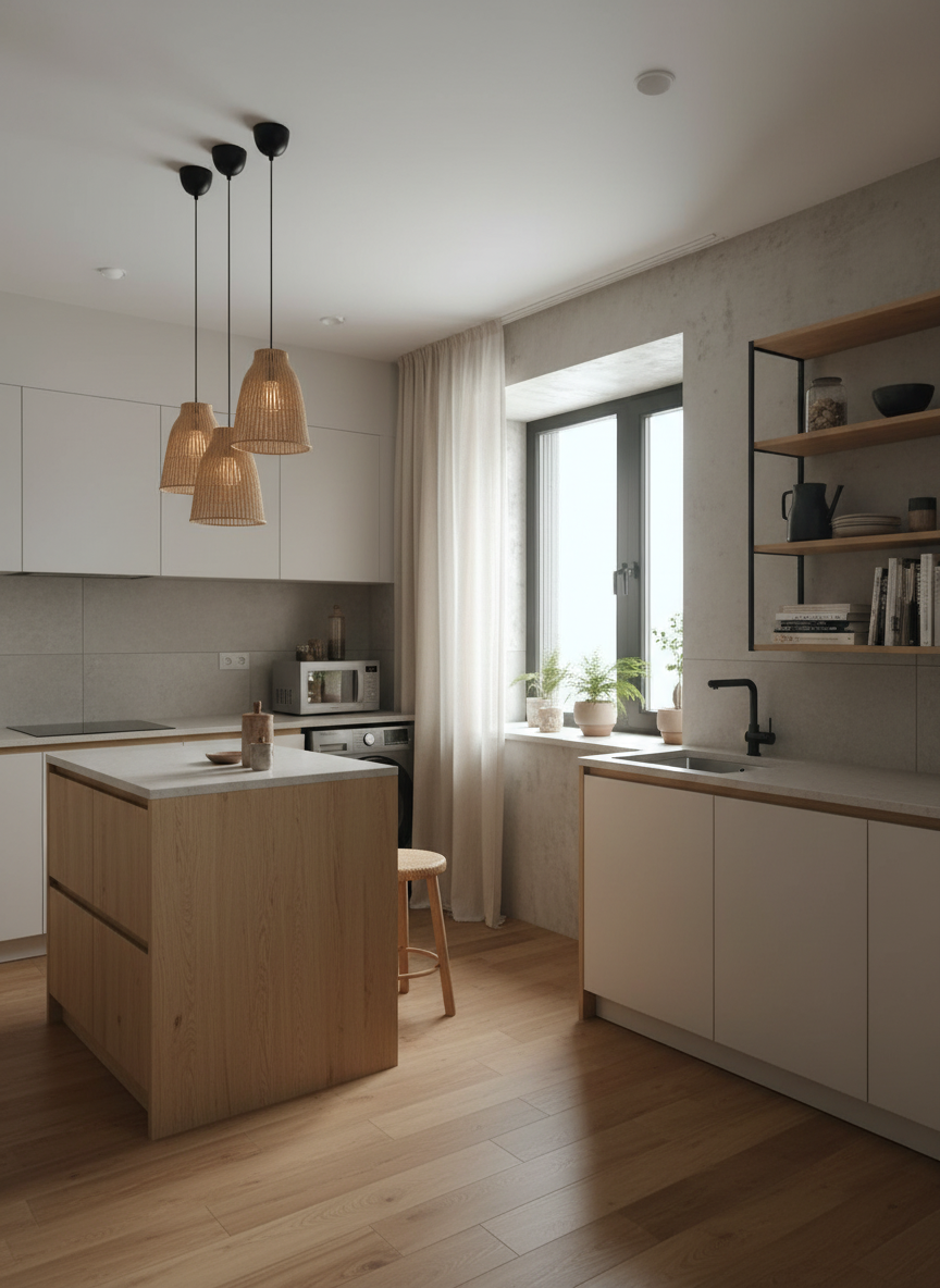 Дизайн кухни в стиле Japandi — фото интерьера от нейросети RoomGPT