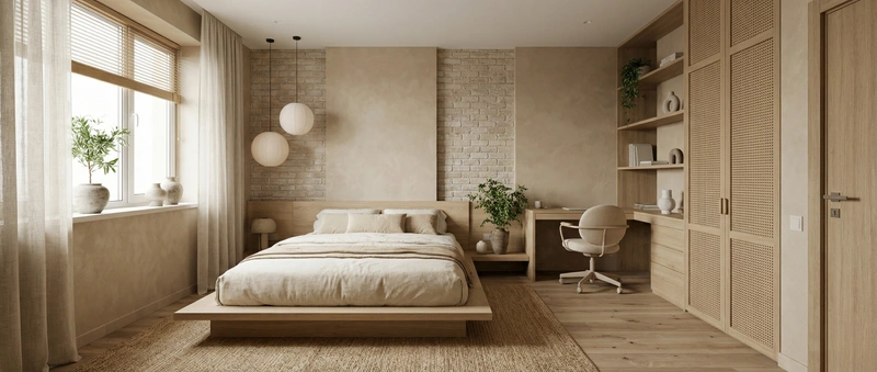 Дизайн спальни в стиле Japandi — фото интерьера от нейросети RoomGPT
