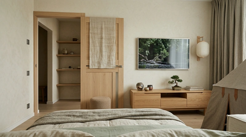 Дизайн спальни в стиле Japandi — фото интерьера от нейросети RoomGPT