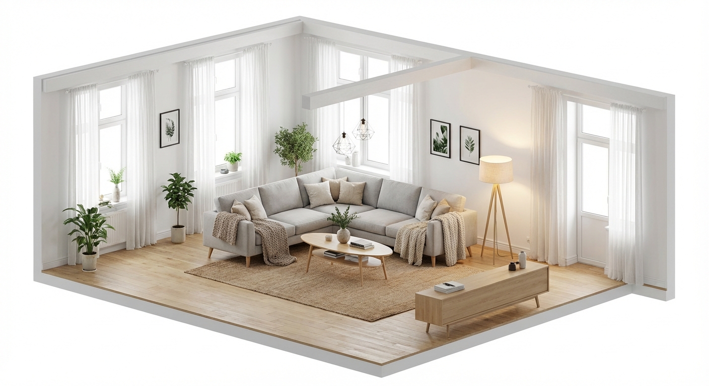 Дизайн гостиной в стиле Хюгге — фото интерьера от нейросети RoomGPT