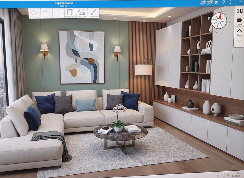 Дизайн интерьера в стиле Контемпорари — Гостиная от нейросети RoomGPT