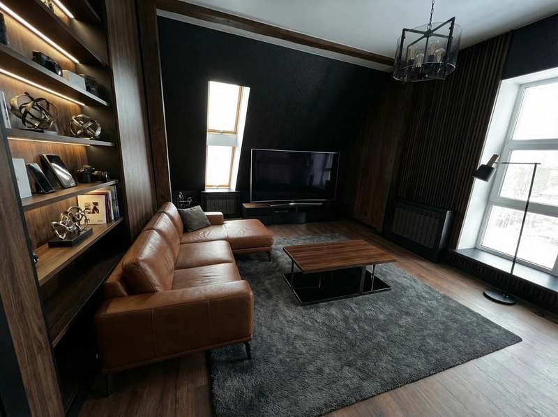 Дизайн гостиной в стиле Блэктэк — фото интерьера от нейросети RoomGPT