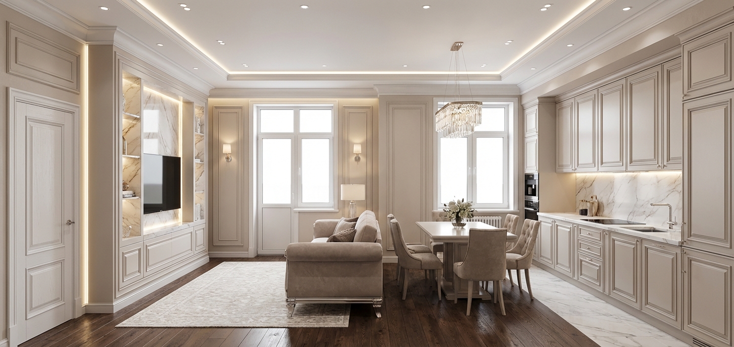 Дизайн гостиной в стиле Классика — фото интерьера от нейросети RoomGPT