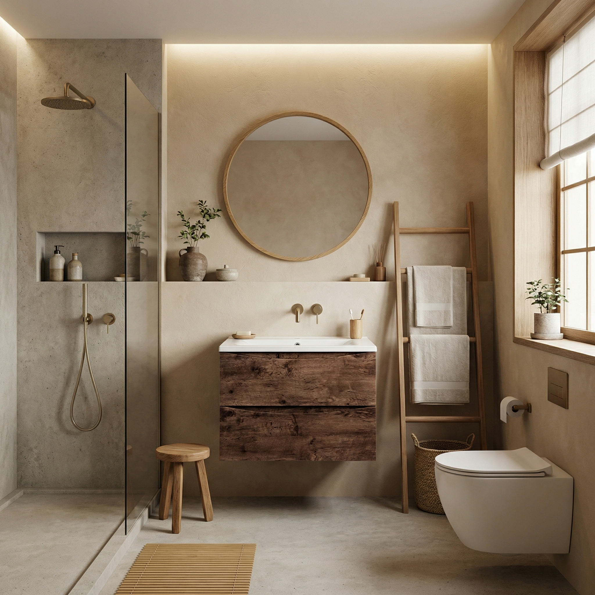 Дизайн ванной в стиле Japandi — фото интерьера от нейросети RoomGPT