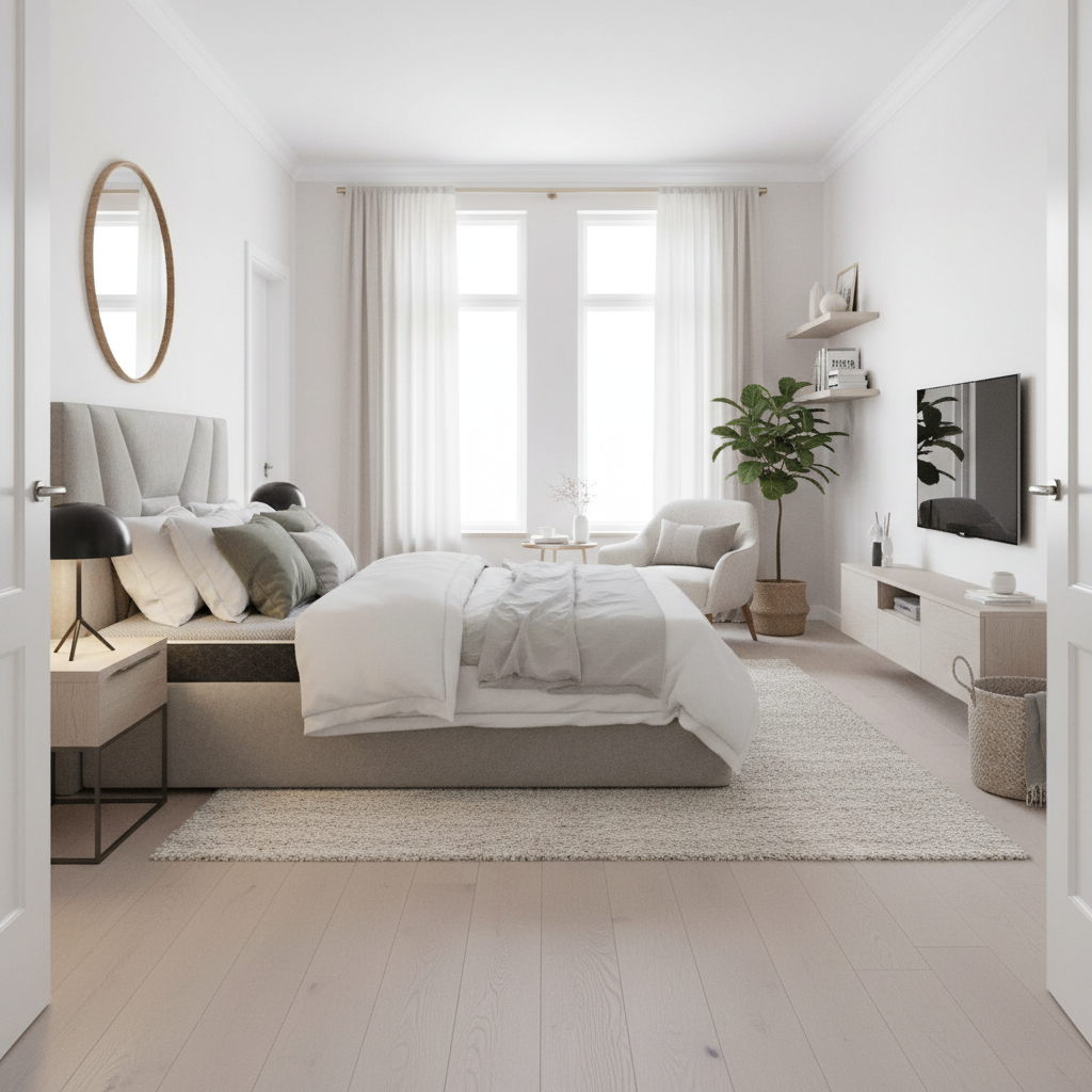 Дизайн спальни в стиле Сканди — фото интерьера от нейросети RoomGPT