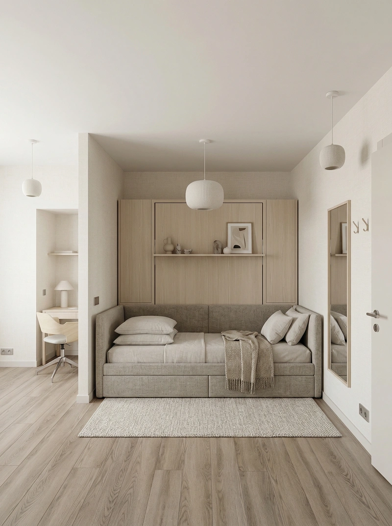 Дизайн спальни в стиле Сканди — фото интерьера от нейросети RoomGPT