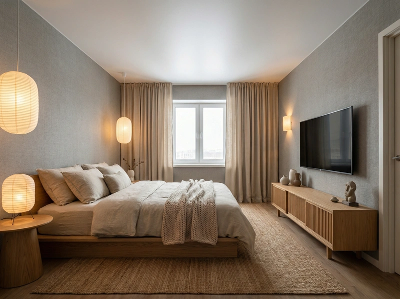 Дизайн спальни в стиле Japandi — фото интерьера от нейросети RoomGPT