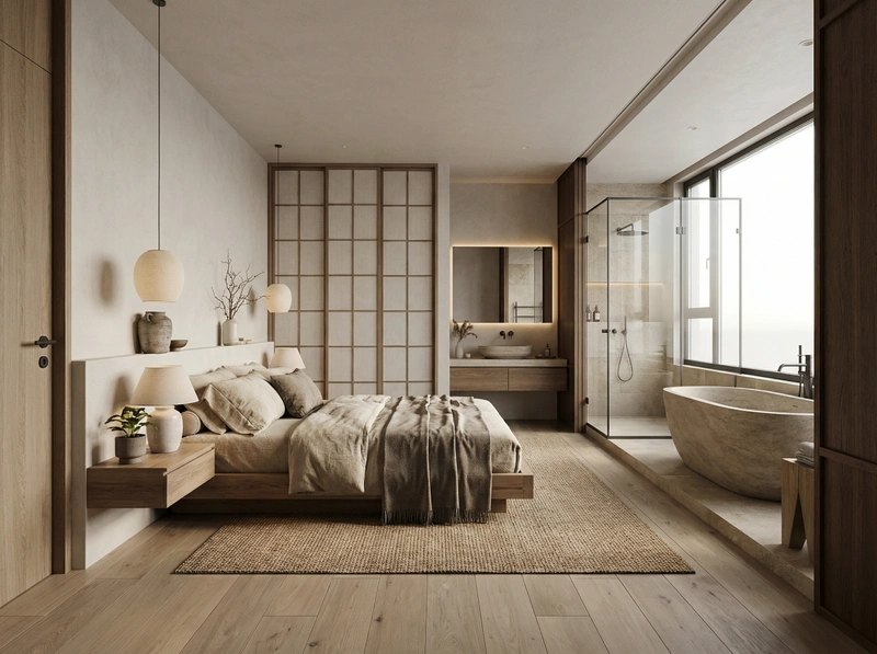 Дизайн спальни в стиле Japandi — фото интерьера от нейросети RoomGPT